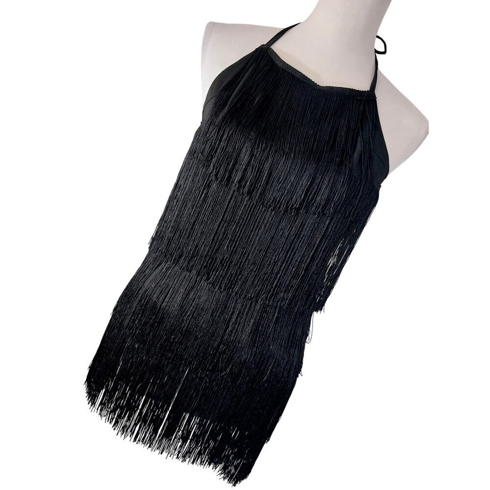 STUNNING LUXE BLACK "FLAPPER" STYLE FRINGED IN TIERS HALTER NECK DRESS! SZ S